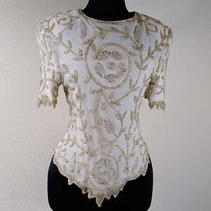 VTG Laurence Kazar New York Silk Gold Formal SquinWomen Top Blouse Size SP